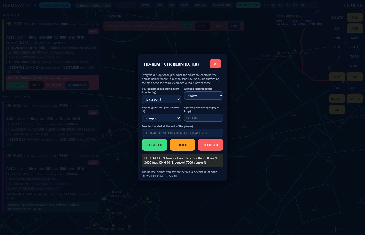 The advanced clearance editor on the controller page: via point, altitude, report point, squawk, free text and the resulting phrase for the pilot
