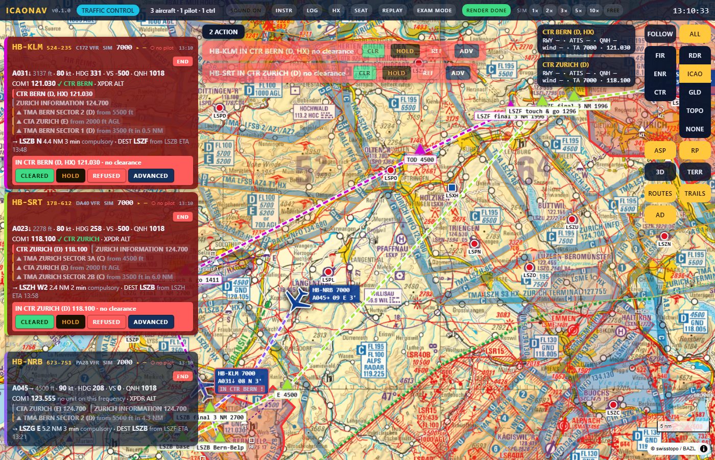 The controller page on the ICAO chart: three flight strips with warnings on the left, the alert bar, aircraft symbols and routes on the chart