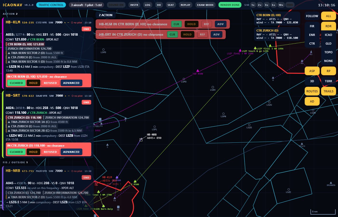 The controller page in radar mode: three flight strips on the left, two of them with a red warning and the buttons CLEARED, HOLD, REFUSED, ADVANCED; radar symbols with data blocks and cyan airspace outlines on a dark map