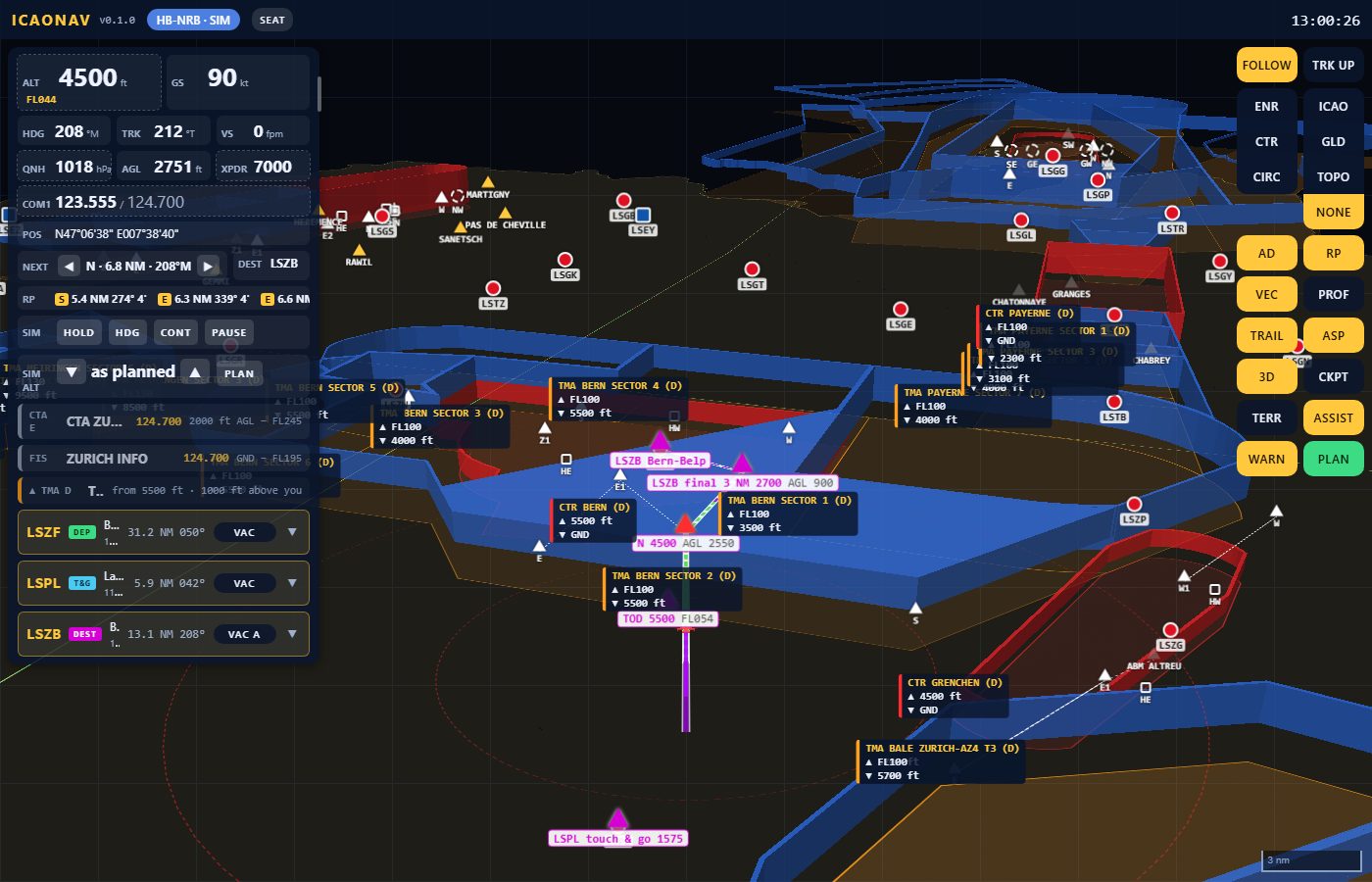 NONE map mode: no chart, only the airspace volumes in 3D on a dark background with their labels, the aerodromes and the route